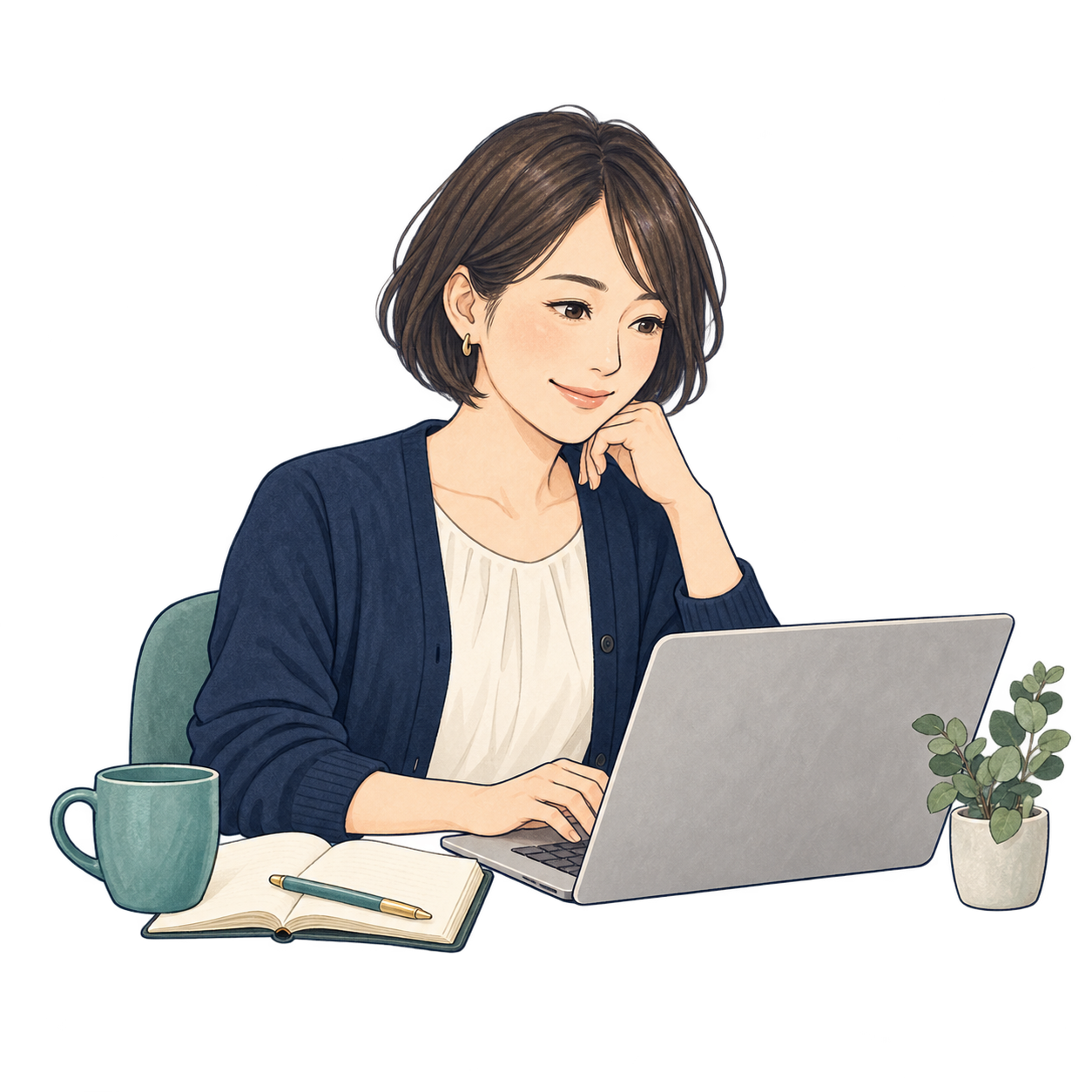 パソコンとノートで仕事の準備をする女性起業家のイラスト