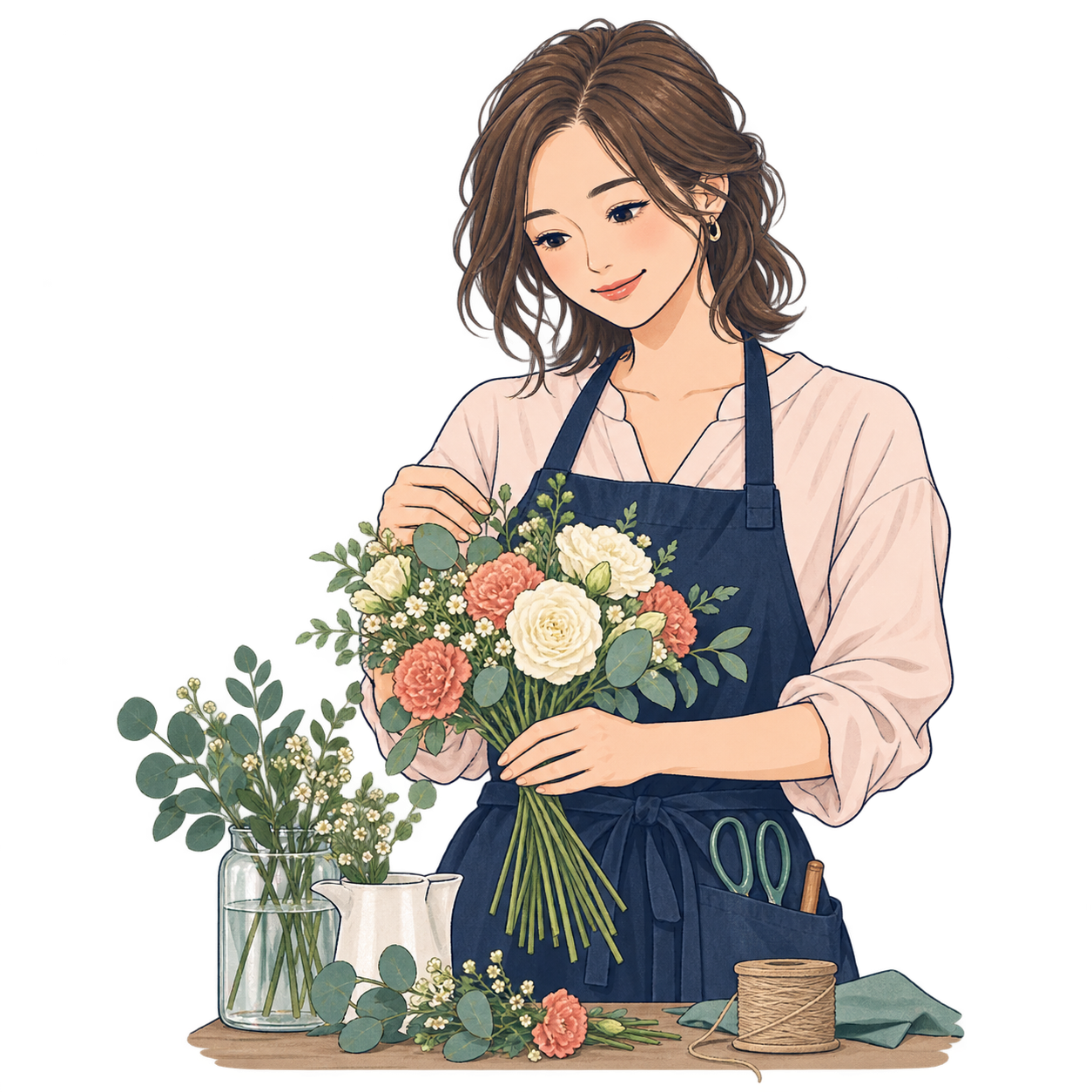 花束を整える花屋の店主のイラスト