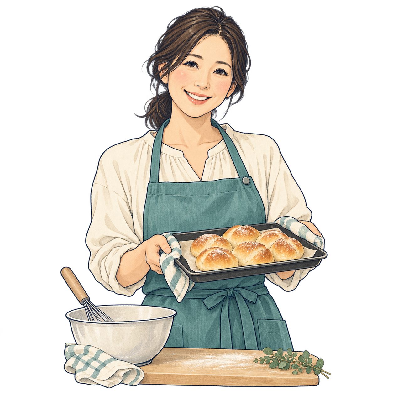 焼き上がったパンを持つ教室の先生のイラスト
